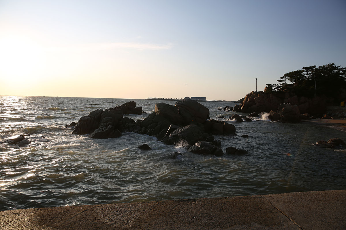 乙旺里海水浴場の奇岩怪石と松林