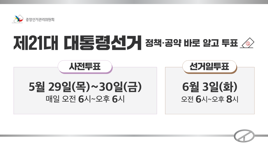 중앙선거관리위원회 제21대 대통령선거 정책·공약 바로 알고 투표 사전투표 : 5월 29일(목)~30일(금) / 매일 오전 6시~오후6시 선거일투표 : 6월 3일(화) / 오전 6시~오후8시
