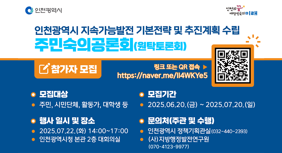 인천광역시 지속가능발전 기본전략 및 추진계획 수립주민숙의공론회(원탁토론회)참가자모집링크 또는 QR 접속https://naver.me/ll4WKYe5모집대상:주민,시민단체,활동가,대학생 등모집기간:2025.06.20.(금)~2025.07.20.(일)행사 일시 및 장소:2025.07.22.(화) 14:00~17:00인천광역시청 본관 2층 대회의실문의처(주관 및 수행):인천광역시 정책기획관실 032-440-2393 / (사)지방행정발전연구원070-4123-9977