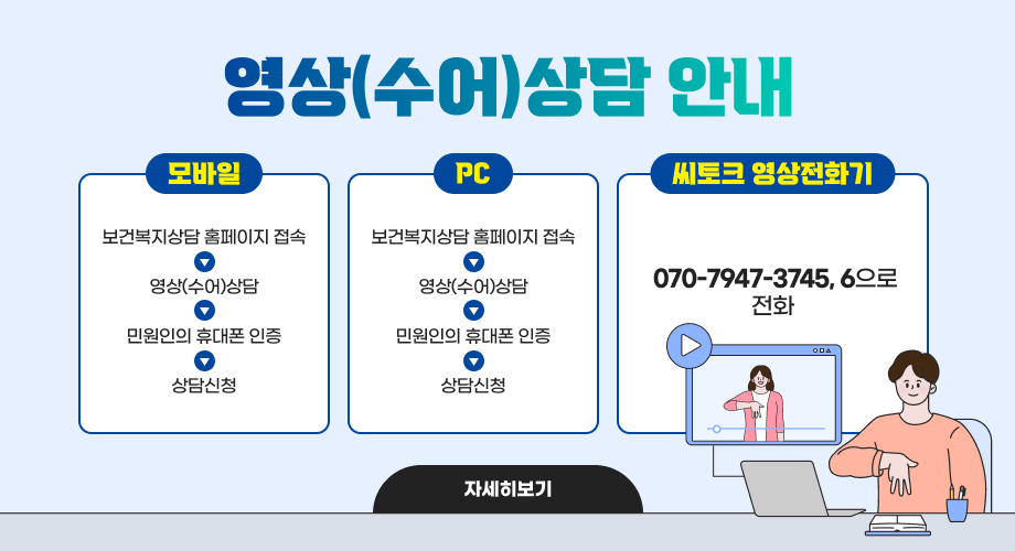 영상(수어)상담 안내 모바일 PC 씨토크 영상전화기 보건복지상담 홈페이지 접속 영상(수어)상담 민원인의 휴대폰 인증 상담신청 보건복지상담 홈페이지 접속 영상(수어)상담 민원인의 휴대폰 인증 상담신청 070-7947-3745, 6으로 전화 자세히보기