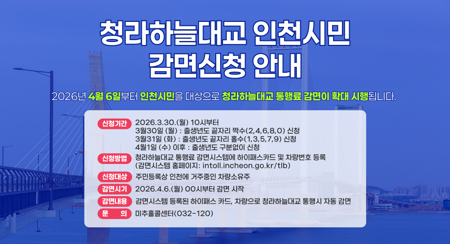 청라하늘대교 인천시민감면신청 안내2026년 4월 6일부터 인천시민을 대상으로 청라하늘대교 통행료 감면이 확대 시행됩니다.신청기간2026.3.30.(월) 10시부터3월30일 (월) : 출생년도 끝자리 짝수(2,4,6,8,0) 신청3월31일 (화) : 출생년도 끝자리 홀수(1,3,5,7,9) 신청4월1일 (수) 이후 : 출생년도 구분없이 신청신청방법청라하늘대교 통행료 감면시스템에 하이패스카드 및 차량번호 등록(감면시스템 홈페이지: intoll.incheon.go.kr/tlb)신청대상주민등록상 인천에 거주중인 차량소유주감면시기2026.4.6.(월) 00시부터 감면 시작감면내용감면시스템 등록된 하이패스 카드, 차량으로 청라하늘대교 통행시 자동 감면문문문의미추홀콜센터(032-120)