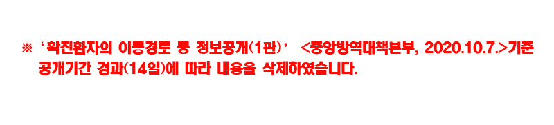 확진환자의 이동경로 등 정보공개(1판) 중앙방역대책본부, 2020.10.7. 기준 공개기간 경과(14일)에 따라 내용을 삭제하였습니다.