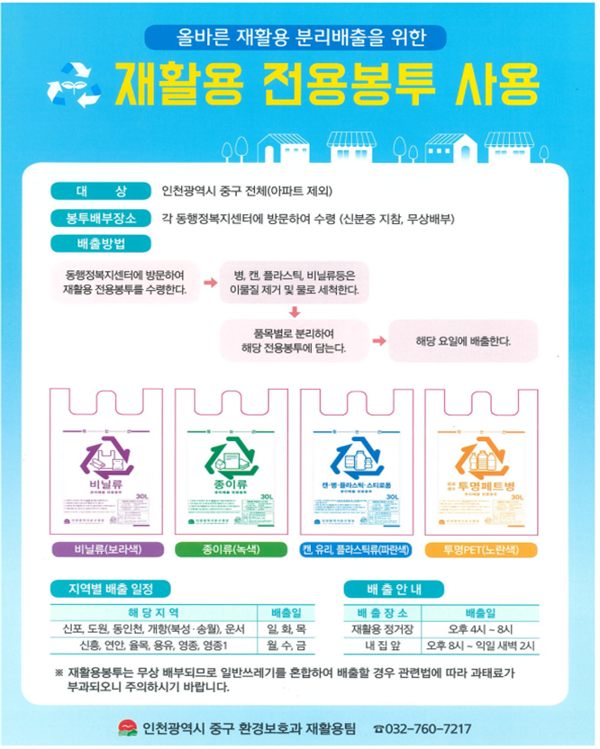 올바른 재활용 분리배출을 위한 재활용 전용봉투 사용 안내