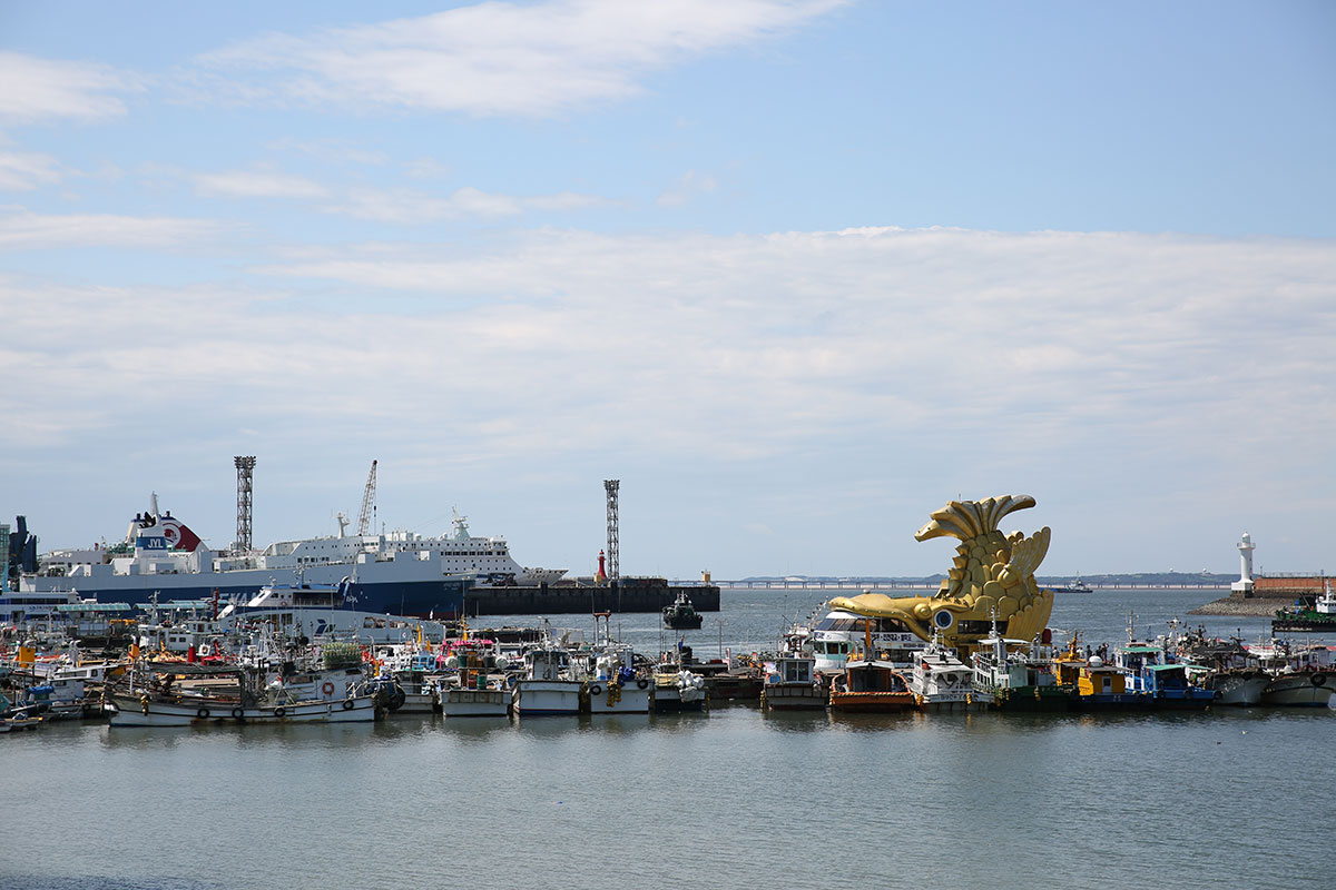 Ships and the sea behind the building 