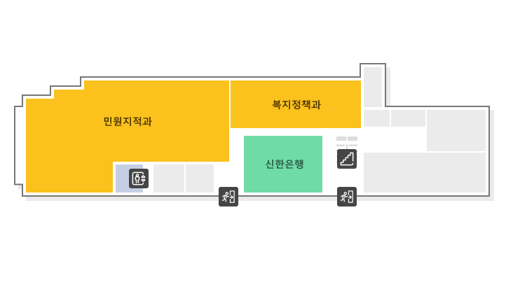 서별관 1층 구조도. 좌측부터 민원지적과, 복지정책과, 신한은행