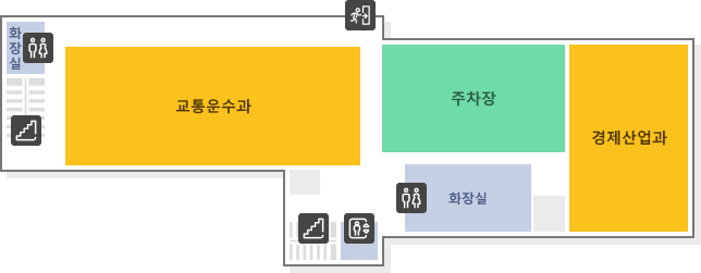 월디관 3층 구조도. 좌측부터 교통운수과, 주차장, 화장실, 경제산업과