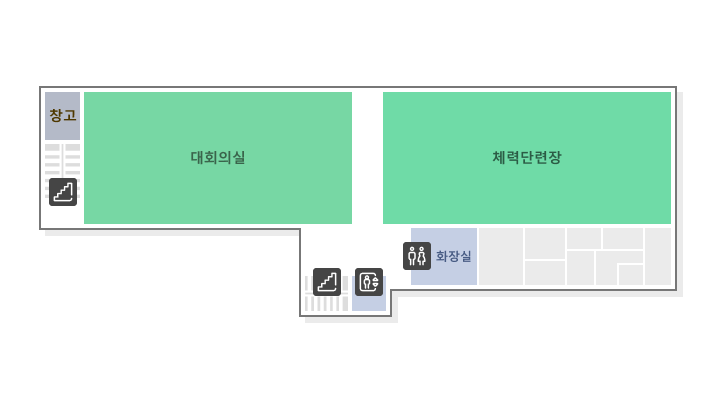 월디관 4층 구조도. 좌측부터 창고, 대회의실, 화장실, 체력단련장