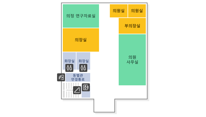 의회 2층 구조도. 위쪽부터 의정연구자료실, 의원실, 부의장실, 의장실, 화장실, 동별관 연결통로, 의원사무실