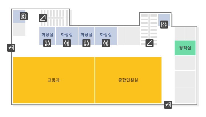 국제도시관 1층 구조도. 화장실, 교통과, 종합민원실, 당직실