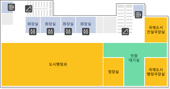 국제도시관 2층 구조도. 화장실, 도시행정과, 청장실, 민원대기실, 국제도시 행정국장실, 국제도시 건설국장실