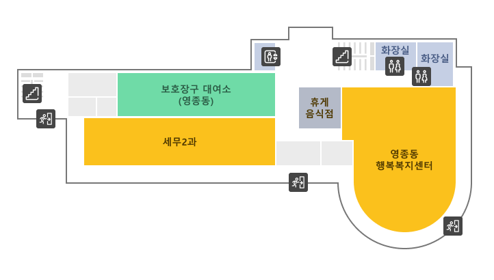 해송관 1층 구조도. 좌측부터 보호장구 대여소(영종동), 세무2과, 휴게음식점, 화장실, 영종동 행정복지센터